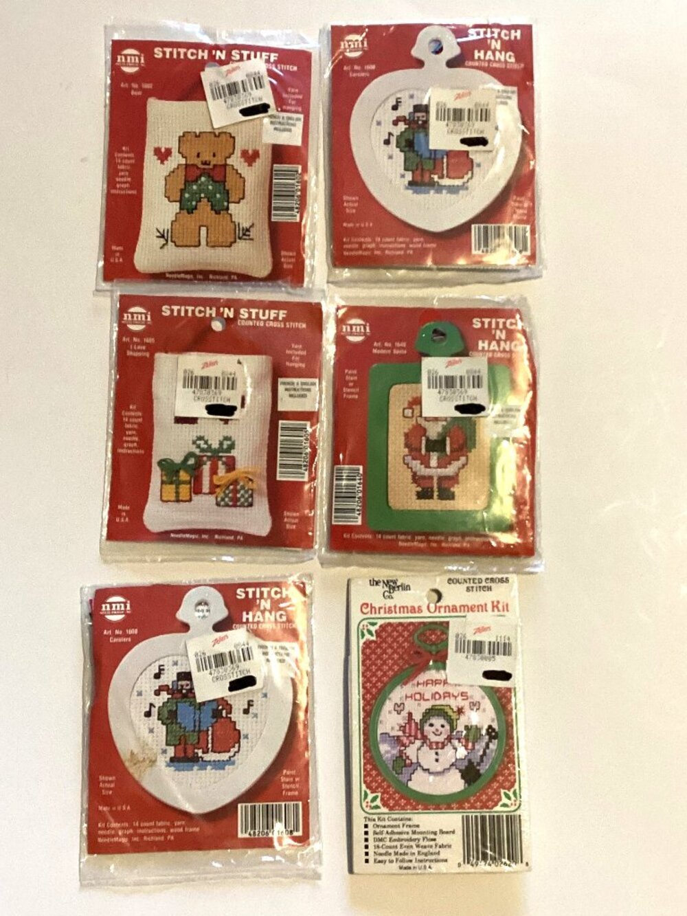 6 Vintage NMI Stitch 'N Stuff Hang Counted Cross Stitch Kits Christmas Ornaments